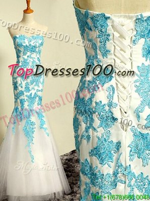 Captivating Mermaid Floor Length Blue and Blue And White Homecoming Dress Tulle Sleeveless Appliques