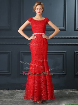 Mermaid Scoop Red Lace Lace Up Prom Dresses Cap Sleeves Floor Length Beading