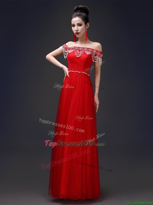 Dynamic Off the Shoulder Floor Length A-line Sleeveless Red Dress for Prom Lace Up