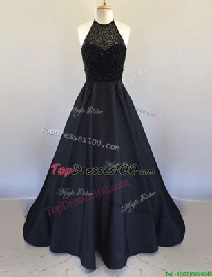 Simple Halter Top Beading Dress for Prom Black Zipper Sleeveless Floor Length