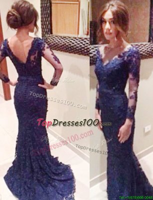 Glorious Mermaid Lace V-neck Long Sleeves Court Train Backless Lace Prom Dress in Navy Blue