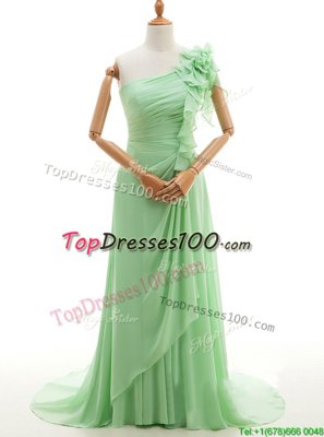 Pretty Green Prom Dress Prom and For with Ruffles and Hand Made Flower One Shoulder Sleeveless Sweep Train Lace Up