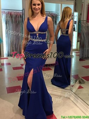Artistic Mermaid Chiffon V-neck Sleeveless Backless Beading Prom Evening Gown in Royal Blue
