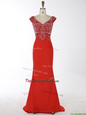 Glorious Mermaid Red Zipper V-neck Beading Dress for Prom Chiffon Sleeveless Brush Train