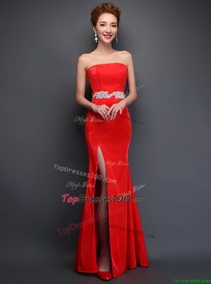 Mermaid Floor Length Red Prom Evening Gown Strapless Sleeveless Lace Up