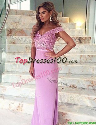 Best Mermaid Lilac Prom Evening Gown Prom and For with Lace and Sashes|ribbons Off The Shoulder Short Sleeves Brush Train Zipper