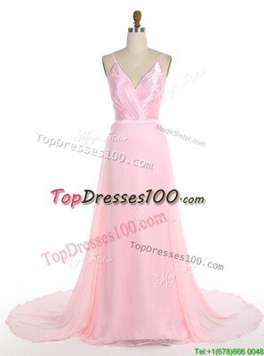 Dynamic Mermaid Pink Sleeveless Sweep Train Ruffles With Train Evening Gowns