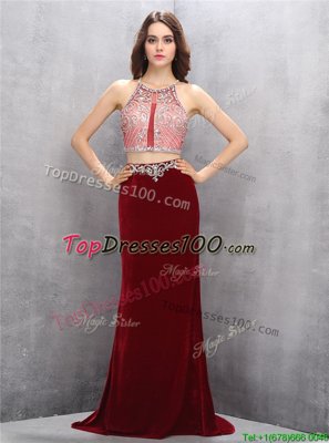 Stylish Scoop Sleeveless Silk Like Satin With Train Sweep Train Criss Cross Homecoming Dress in Burgundy for with Beading
