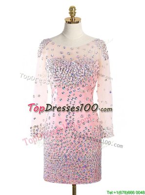 Pink Zipper Scoop Beading Party Dresses Elastic Woven Satin Long Sleeves