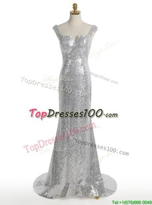 Mermaid Silver Square Zipper Sequins Evening Outfits Sweep Train Sleeveless