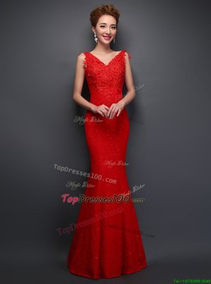 Mermaid V-neck Sleeveless Evening Dress Floor Length Beading and Appliques Red Lace