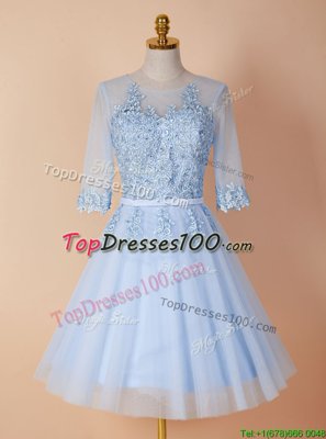 Deluxe Scoop Light Blue Half Sleeves Knee Length Appliques Backless Cocktail Dresses