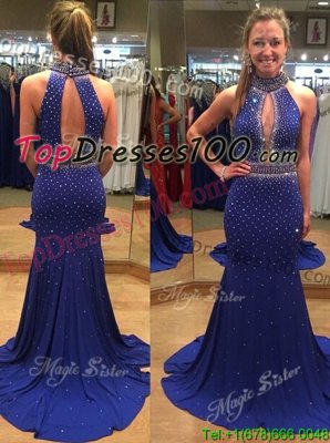 Mermaid Royal Blue Chiffon Backless High-neck Sleeveless With Train Prom Party Dress Court Train Sequins
