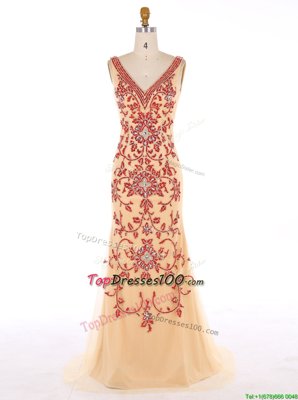 Beauteous Mermaid V-neck Sleeveless Chiffon Homecoming Dress Beading and Embroidery Sweep Train Zipper