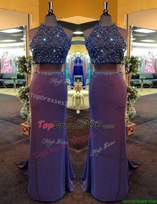 Purple High-neck Neckline Beading Sleeveless Criss Cross