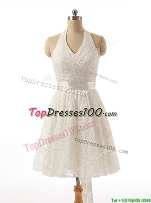 Popular Sleeveless Knee Length Lace and Sashes|ribbons Zipper Party Dress Wholesale with White