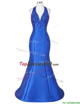 Most Popular Mermaid Halter Top Sleeveless Floor Length Beading Lace Up with Royal Blue
