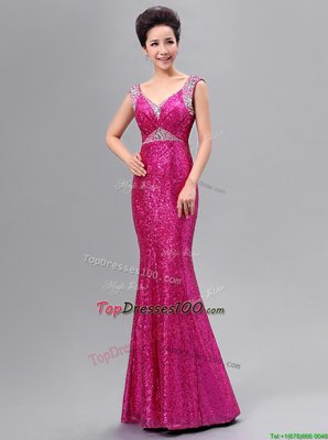 Glorious Mermaid Sequins Prom Party Dress Fuchsia Zipper Sleeveless Floor Length