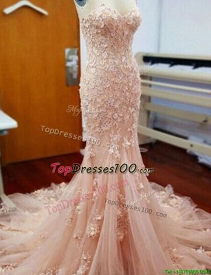Nice Mermaid With Train Zipper Pageant Dress for Girls Baby Pink and In for Prom and Party with Appliques Chapel Train