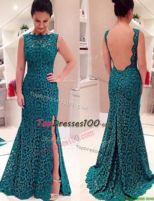 Attractive Mermaid Backless Scalloped Floor Length Teal Prom Gown Lace Sleeveless Lace