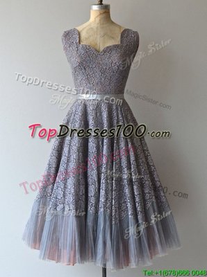 Lovely Square Grey A-line Belt Party Dress Wholesale Zipper Lace Sleeveless Knee Length