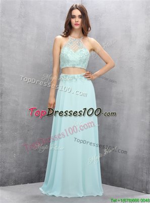 Halter Top Sleeveless Chiffon Floor Length Zipper Prom Evening Gown in Light Blue for with Beading