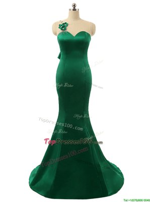 Dynamic Mermaid Satin Scoop Sleeveless Sweep Train Zipper Beading and Bowknot and Hand Made Flower in Green