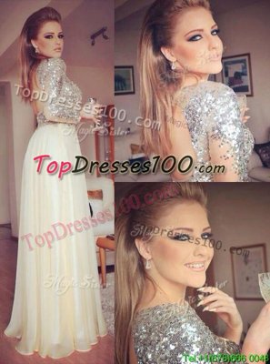 Deluxe Sequins Floor Length A-line Long Sleeves Champagne Evening Dress Backless