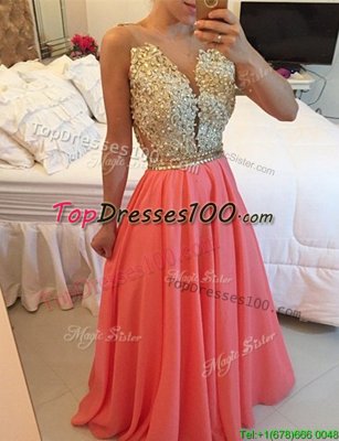 Watermelon Red V-neck Neckline Beading and Appliques Prom Gown Sleeveless Backless