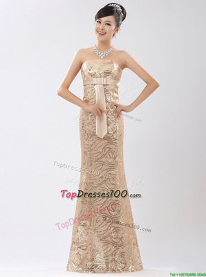 High End Champagne Column/Sheath Strapless Sleeveless Sequined Floor Length Zipper Appliques and Belt