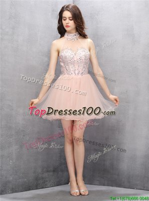 Baby Pink Party Dress Wholesale Prom and Party and For with Beading and Sequins High-neck Sleeveless Zipper