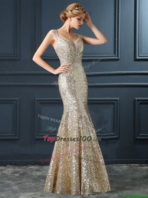 Champagne Mermaid V-neck Sleeveless Sequined Floor Length Zipper Sequins Evening Dress