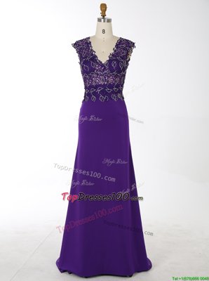 Popular Mermaid Chiffon V-neck Sleeveless Brush Train Zipper Beading Prom Dress in Purple