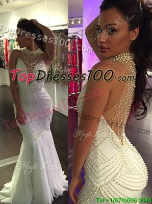 Wonderful Mermaid White Tulle Criss Cross Prom Party Dress Sleeveless With Train Sweep Train Beading