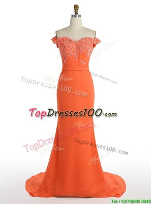 Mermaid Off the Shoulder Sleeveless Satin With Train Sweep Train Zipper Prom Evening Gown in Orange for with Lace