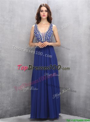 Decent Royal Blue V-neck Zipper Beading Prom Gown Sleeveless