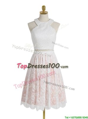 Lace Pink And White Halter Top Neckline Beading Juniors Party Dress Sleeveless Zipper