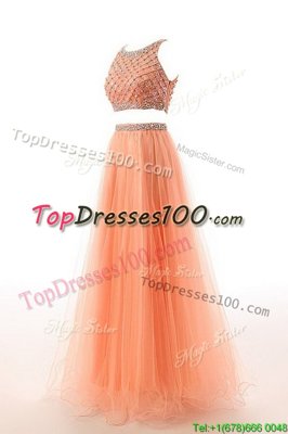 Extravagant Orange Side Zipper Scoop Beading and Belt Dress for Prom Organza Sleeveless Sweep Train