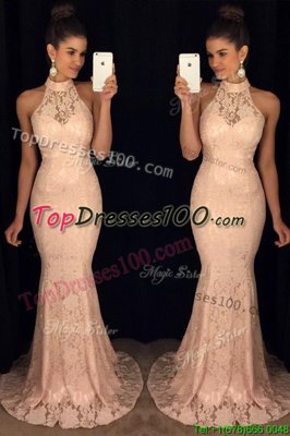 Glamorous Mermaid Halter Top With Train Baby Pink Pageant Dresses Chiffon Brush Train Sleeveless Lace