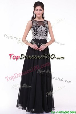 Low Price Scoop Floor Length Zipper Evening Dress Black and In for Prom and Party with Beading and Appliques and Ruching