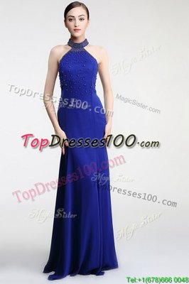 Luxury High-neck Sleeveless Satin Prom Gown Lace Sweep Train Zipper