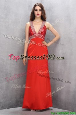 Coral Red Sleeveless Satin Criss Cross Prom Evening Gown for Prom and Party