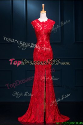 Custom Made Mermaid Red Scoop Neckline Lace Evening Dress Sleeveless Zipper