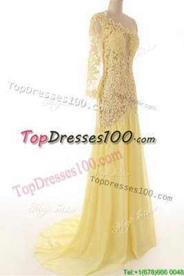On Sale Sweep Train Column/Sheath Prom Gown Light Yellow One Shoulder Chiffon and Lace 3|4 Length Sleeve Side Zipper