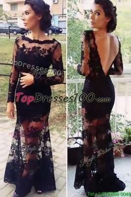 Black Column/Sheath Organza Scalloped Long Sleeves Lace Floor Length Backless Pageant Dress for Teens