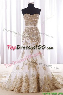 Fashion Mermaid Sleeveless Organza With Brush Train Lace Up Evening Dresses in White for with Lace and Appliques and Embroidery