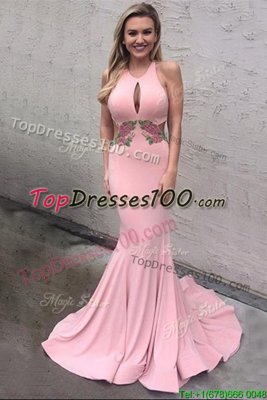 Adorable Scoop Pink Mermaid Appliques Pageant Dresses Criss Cross Elastic Woven Satin Sleeveless With Train