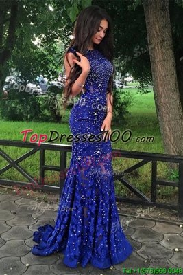 Hot Selling Mermaid Scoop Sleeveless Brush Train Backless With Train Beading and Lace Evening Dress