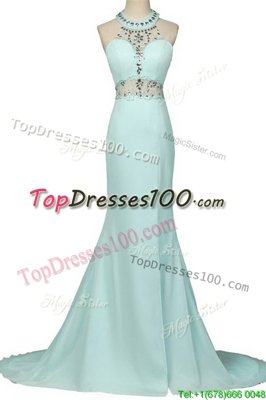 Mermaid Light Blue Halter Top Zipper Beading Brush Train Sleeveless