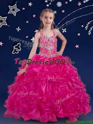 Delicate Fuchsia Halter Top Neckline Beading and Ruffles Teens Party Dress Sleeveless Lace Up